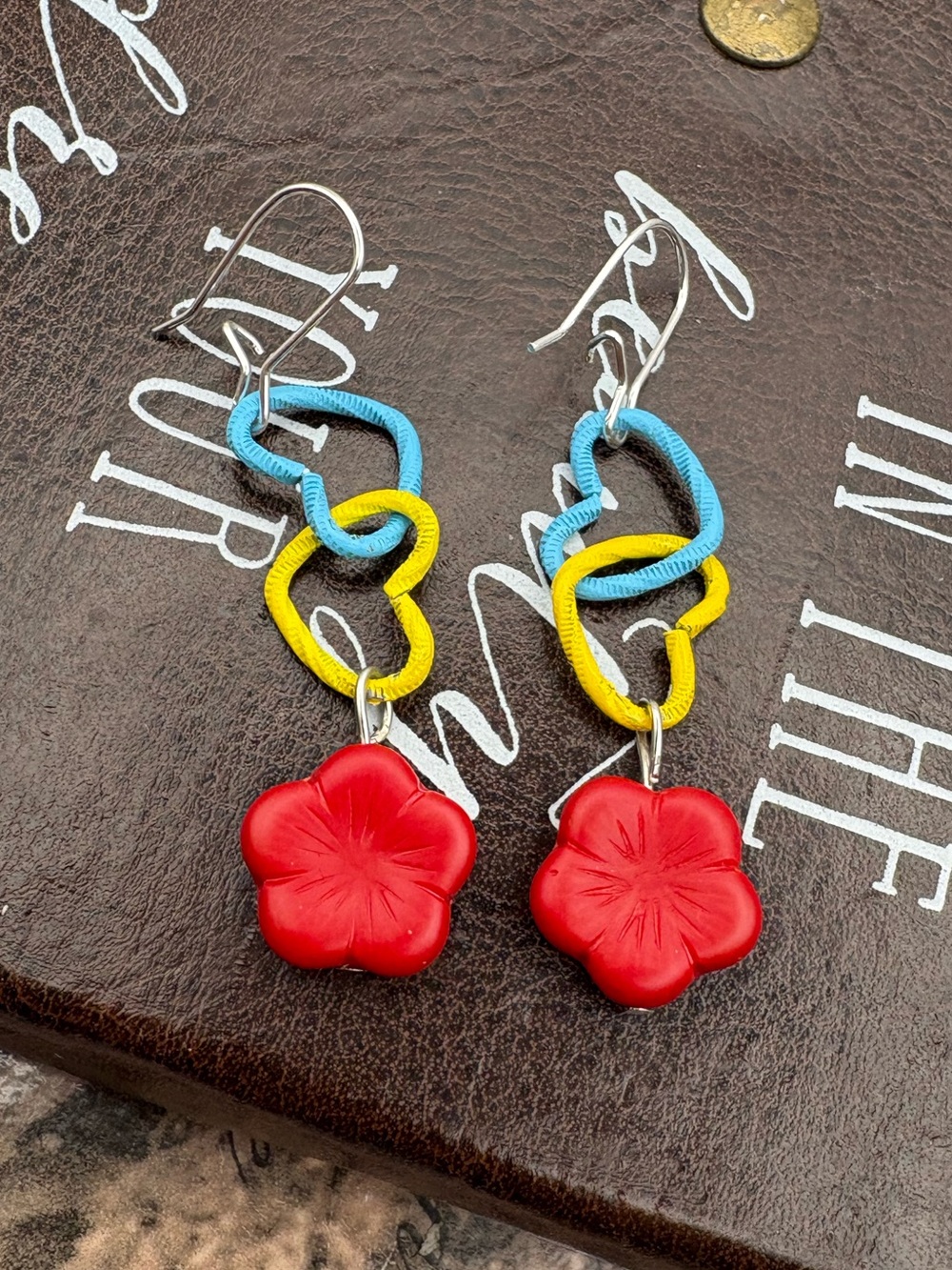 Handmade Colorful Flower Heart Link Earrings Retro Art Teacher